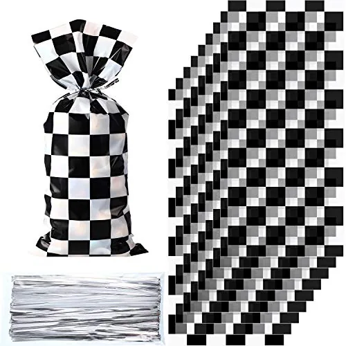 100 Piece Cellophane Car Candy Bags Black White Checkered Racing