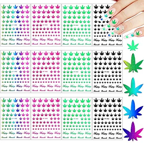 Self-Adhesive 12 Sheets Pot Leaves Nail Stickers DIY Colorful Art Pot, Multicolour