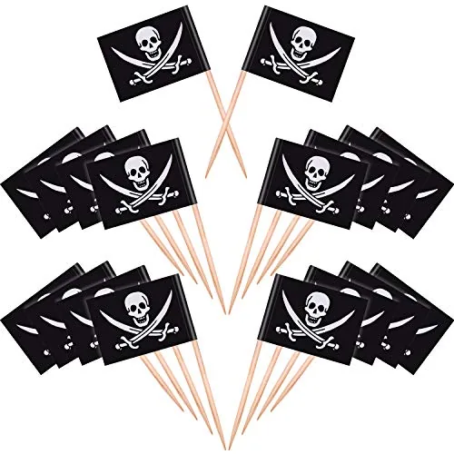 100 Piece Pirate Cocktail Toothpicks Flag Toppers, Black