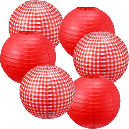 6 Piece Picnic Party Decorations Red Paper Lanterns Checkered, White