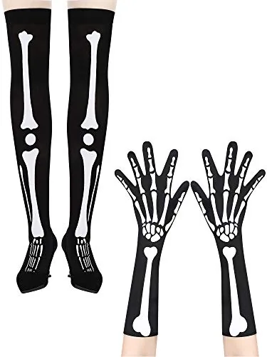 2 Pairs Halloween Skeleton Gloves Stockings Set Bone, Black