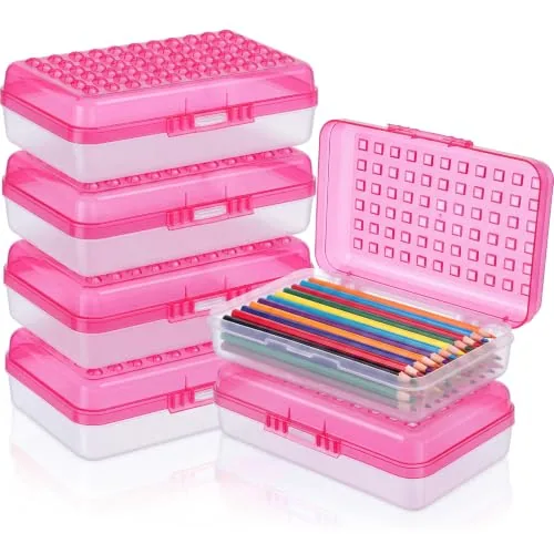 6 Piece Plastic Pencil Boxes Bulk Large Pencil Case, Pink