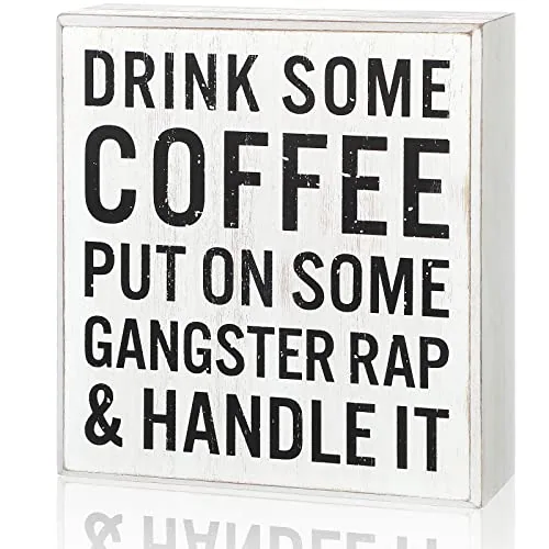 Coffee Wood Box Sign Kitchen Office Desk Decor 5.5x6 Inch
