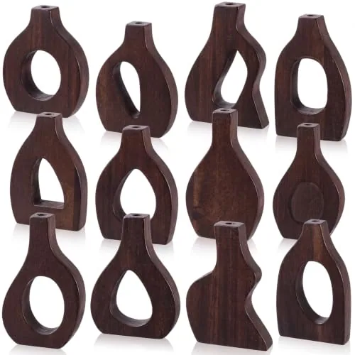 12 Piece Set of 12 Small Wooden Vases Bulk, Brown