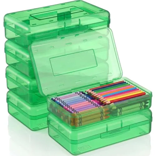 6 Piece Large Plastic Pencil Case Box Clear Pencil Boxes Bulk, Green