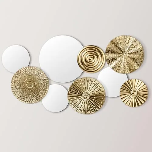 9 Piece Mirror Wall Decor Metal Round Home Art Decor Decorative, Gold