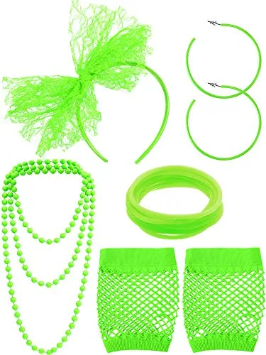 80s Accessories Women Lace Headband Fishnet Gloves, Green