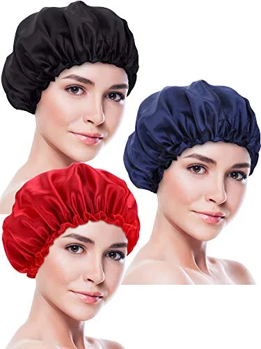 3 Piece Large Satin Silk Bonnet, Black