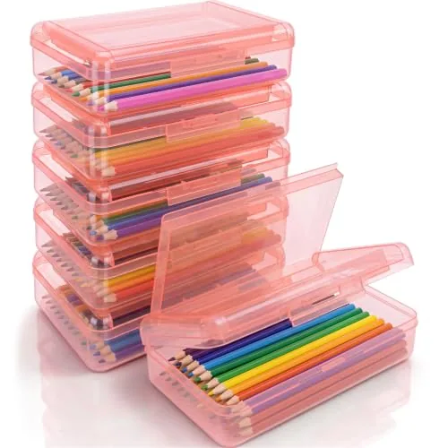 6 Piece Double Layer Pencil Boxes Large Capacity, Pink