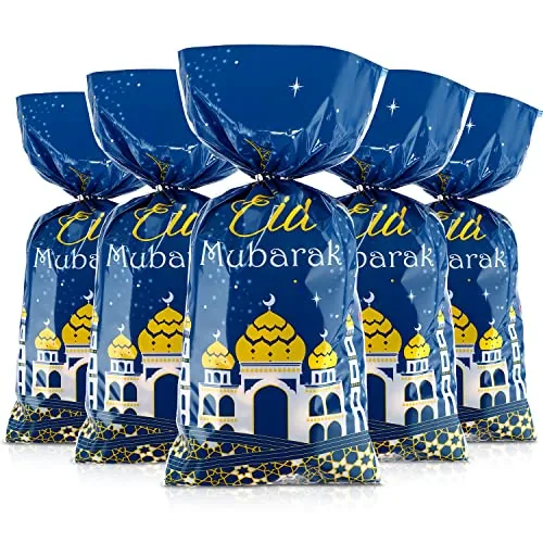 100 Piece Eid Mubarak Gift Bags Ramadan Decorations Clear Goodie, Blue