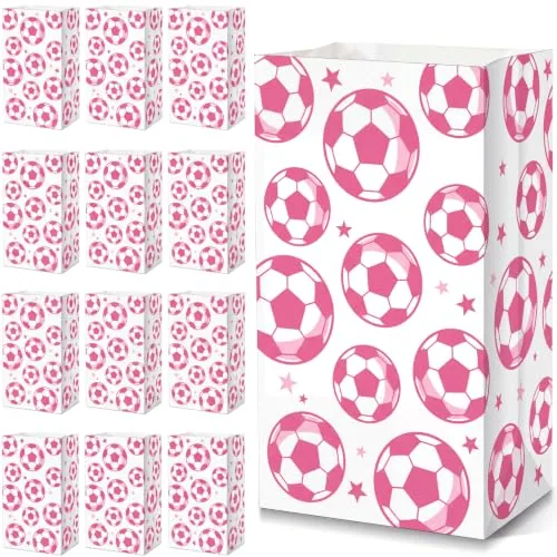30 Piece Soccer Paper Party Favor Bag Candy Goodie Treat Bags, Pink