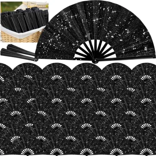 100 Piece Large Glitter Folding Hand Fan Bulk Clapping Popping, Black