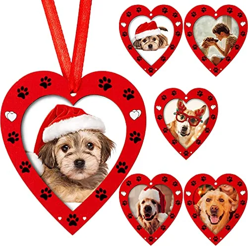 6 Piece Christmas Dog Heart Picture Frame Ornaments Pet Memorial, Red
