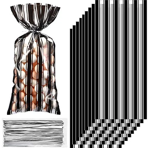 100 Piece Plastic Black and White Stripe Cellophane Candy Treat Bags
