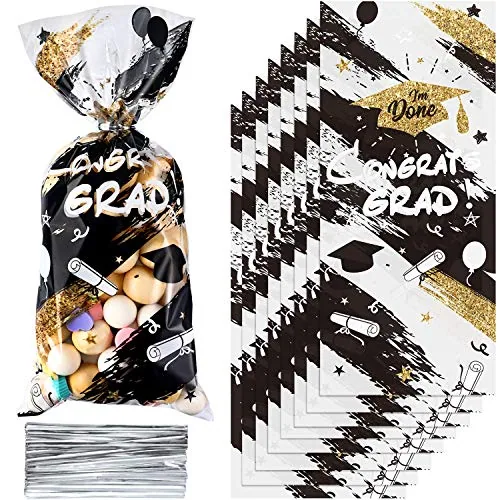 100 Piece Graduation Cellophane Treat Bags Congrats Graduates Candy, Black
