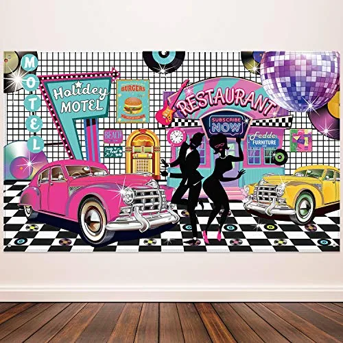 1950s Photo Backdrop Rock and Roll Sock Hop Party Banner, Multicolour