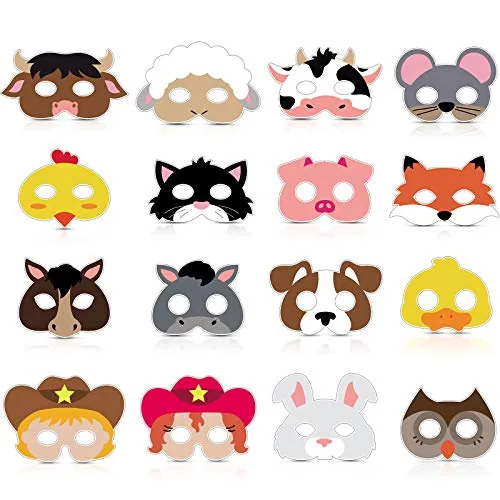 16 Piece Farm Forest Animal Masks, Multicolour