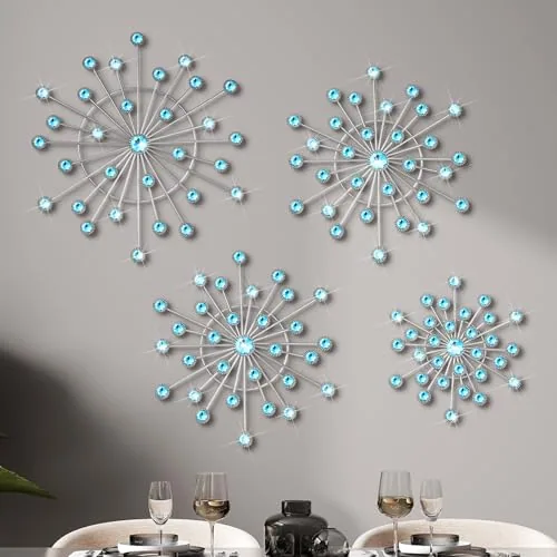 4 Piece Metal Wall Decor Bling Crystal Wall Art Cast Iron, Blue