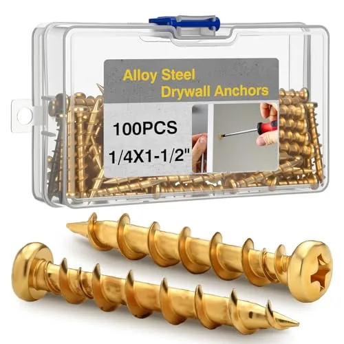 100 Piece Drywall Anchors 1/4 x 1-1/2 Inch Alloy Steel Light Wall, Gold