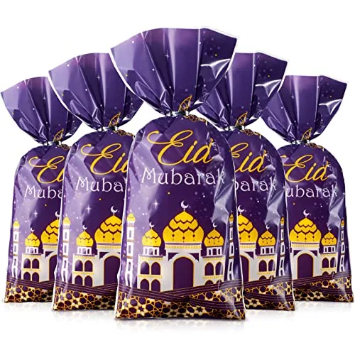 100 Piece Eid Mubarak Party Treat Bags, Purple