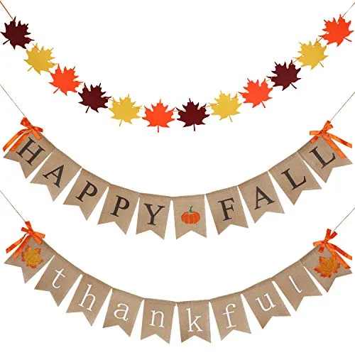 3 Piece Thankful Banner Fall Leaves Garland Thanksgiving