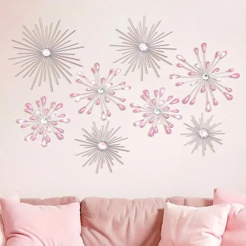 8 Piece Metal Wall Art Cast Iron Starburst Wall Decor Bling, Pink