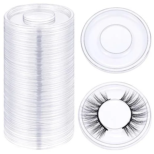 100 Piece Round Eyelash Tray Holder Plastic Eye Lash Trays Lid, Clear
