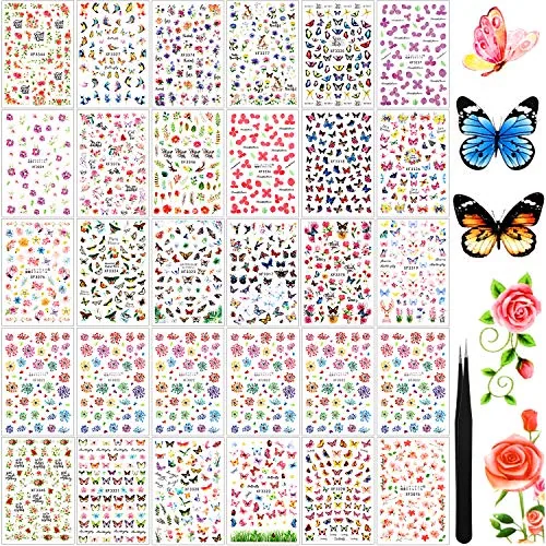 Self-Adhesive 30 Sheets Floral & Butterfly Nail Art Stickers, Multicolour