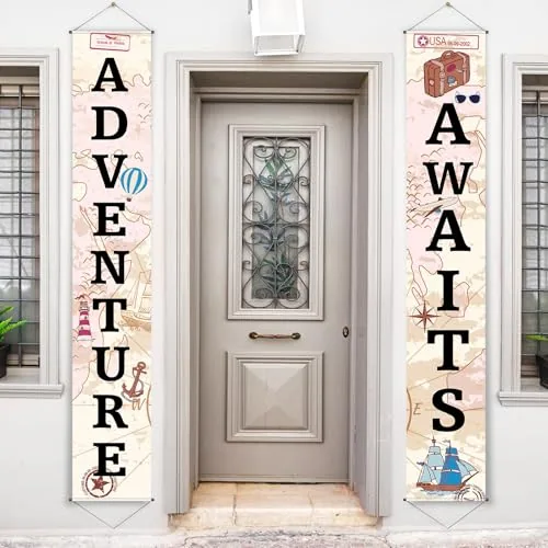 Adventure Awaits Bon Voyage Banner Travel Party Decor, Multicolour