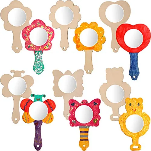 18 Piece DIY Wood Mirror Craft Unfinished Mini Handheld Mirror