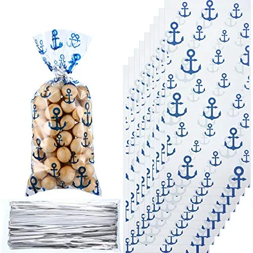 100 Piece Nautical Anchors Cellophane Bags Party Gift Nautical, Blue