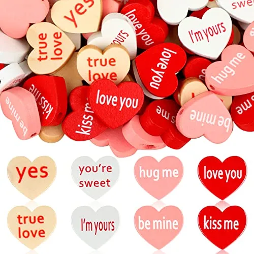160 Piece Conversation Heart Valentine's Day Wooden Heart Beads
