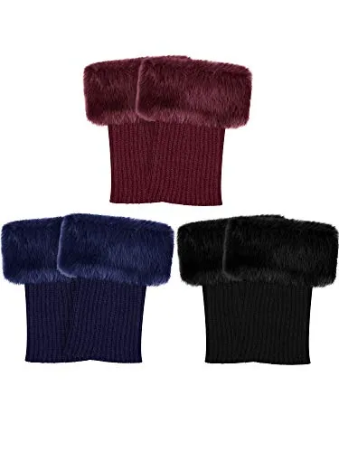 3 Pairs Women Faux Fur Boot Cuff Furry Leg Warmers, Black