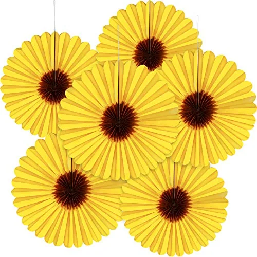 12 Piece 18 Inch Sunflower Paper Hanging Fans Girasoles para Decor, Yellow
