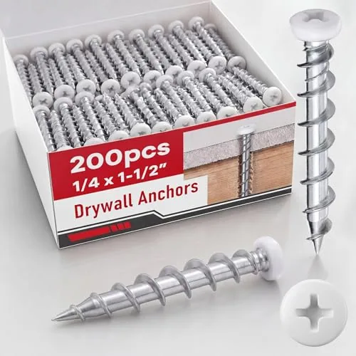 200 Piece Drywall Anchors 1/4 x 1-1/2 Inch Pan Head Alloy Steel, White