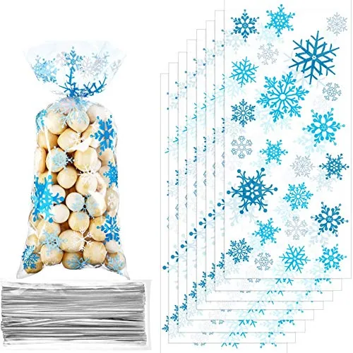200 Piece Winter Snowflake Cellophane Treat Bags Christmas Goodie, Blue