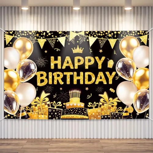 Folding and Gold Happy Birthday Banner Sign Photo Backdrop, Black