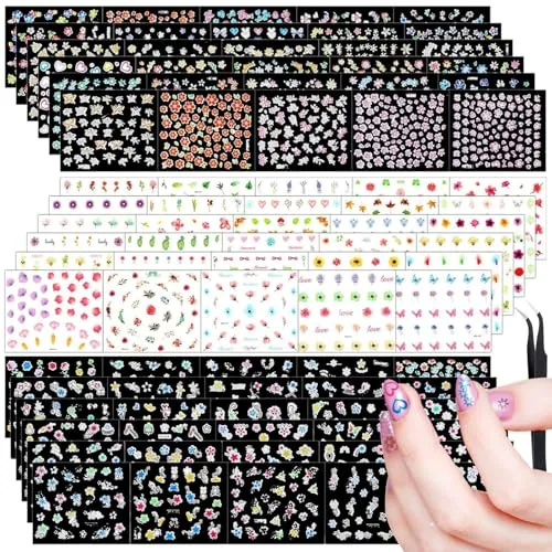 5000 Piece Self-Adhesive Flower Nail Stickers 100 Sheets 3D Self Adhesive Nail, Multicolour