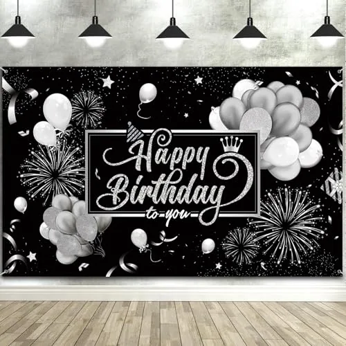 Folding and Sliver Happy Birthday Banner Sign Photo Backdrop, Black