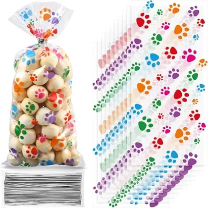 200 Piece Dog Treat Bags Pet Paw Cellophane Bags, Multicolour