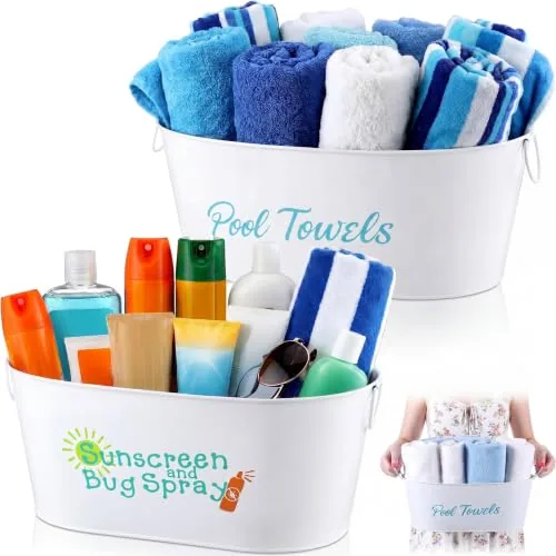 2 Piece Poolside Storage Bucket Metal Sunscreen Towel Holder, White