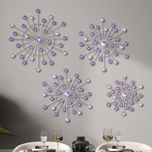 4 Piece Metal Wall Decor Bling Crystal Wall Art Cast Iron, Purple