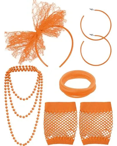80s Accessories Women Lace Headband Fishnet Gloves, Orange