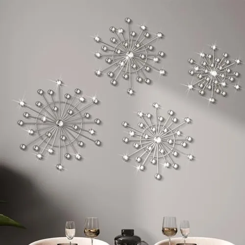 4 Piece Wall Decor Bling Crystal Wall Art Cast Iron Rhinestones, Silver