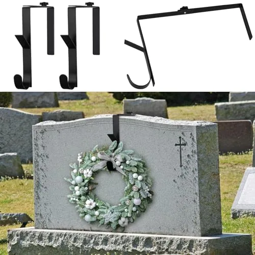 2 Piece Headstone Wreath Hanger Adjustable 6 in- 11 in Cemetery, Black