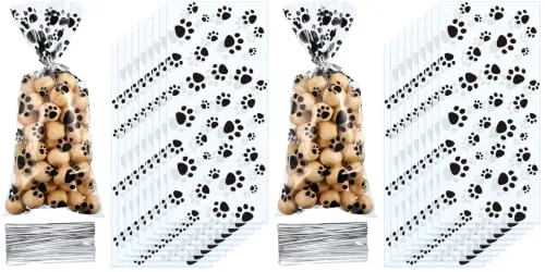 200 Piece Dog Treat Bags Pet Paw Cellophane Bags, Black