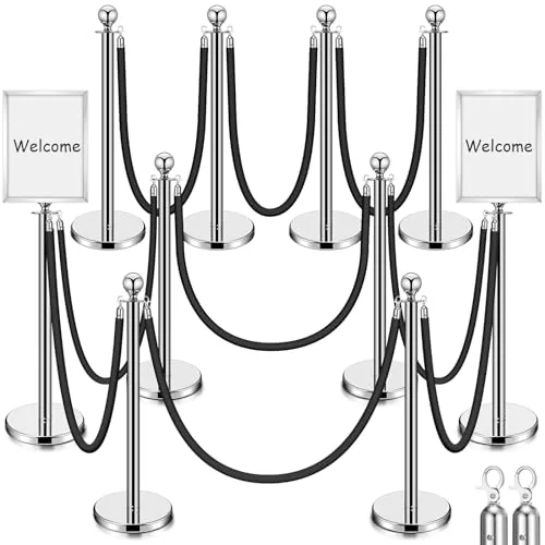 8 Piece Stainless Steel Stanchion Set 8 Crowd Control Poles 7, Silver