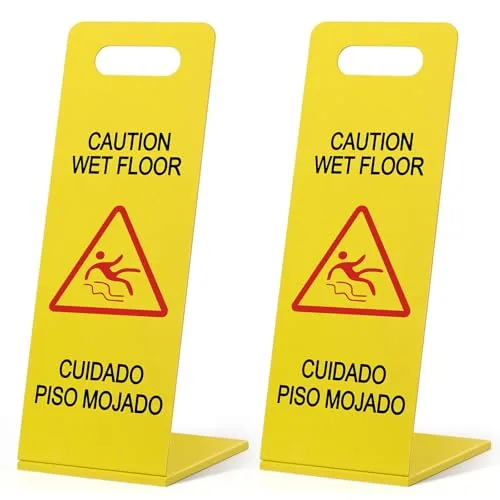 2 Piece Folding Stainless Steel Caution Wet Floor Sign 22 Inch Heavy Duty, Yellow