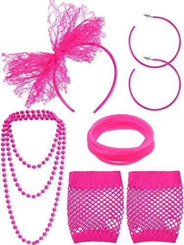 80s Accessories Women Lace Headband Fishnet Gloves, Pink