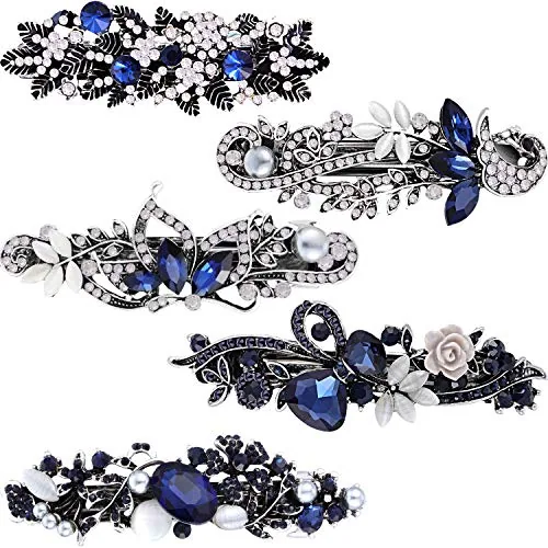 5 Piece Crystal Rhinestones Hair Barrettes Large Flower Butterfly, Blue